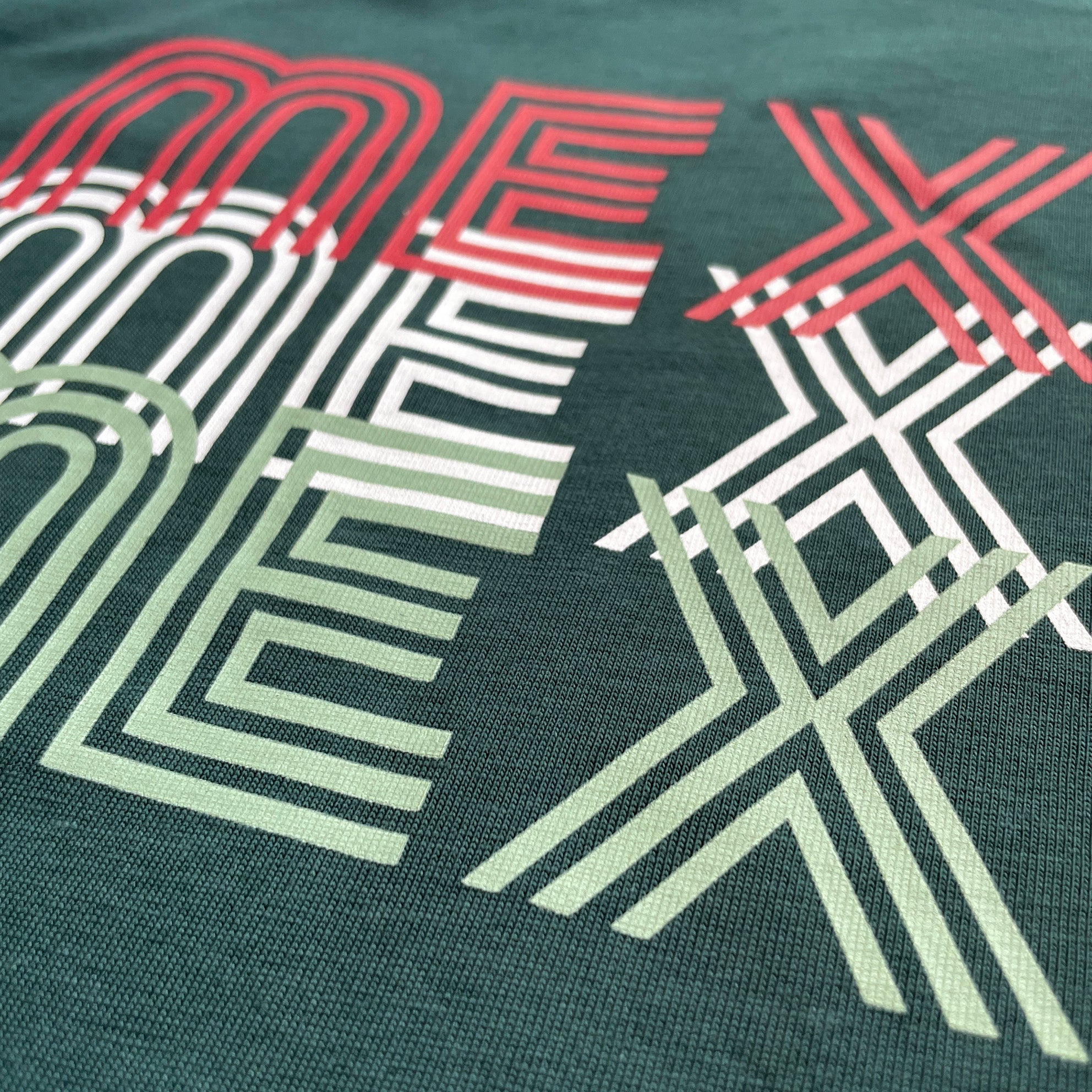 Geometric MEXICO with red, white, and green lines on a dark background